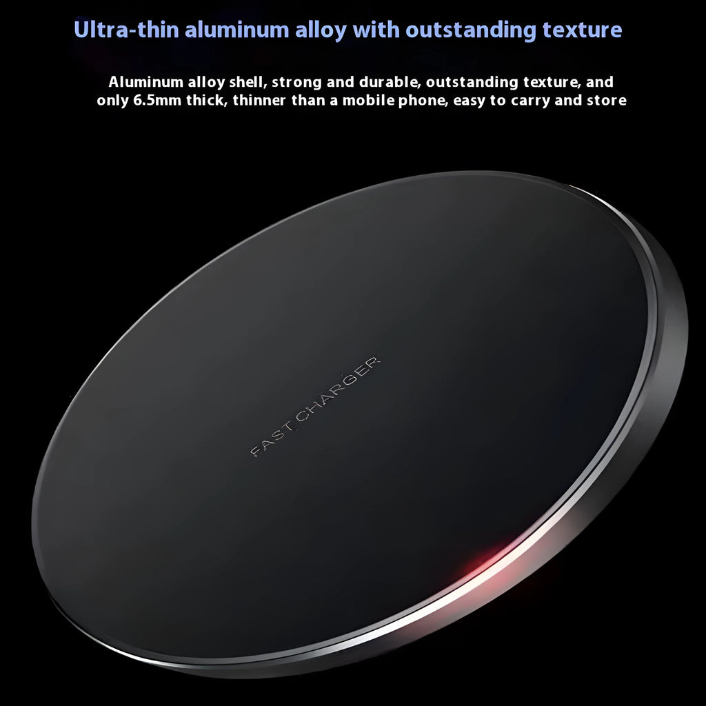 Black 15W fast wireless charger pad with type C cable on a desk