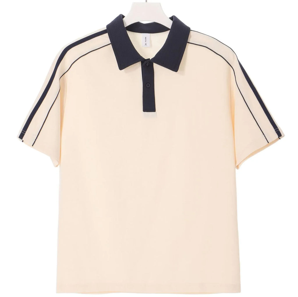 Casual lapel short sleeve t-shirt, loose cotton blend drop shoulder polo shirt in two-tone colour, sizes S to 3XL