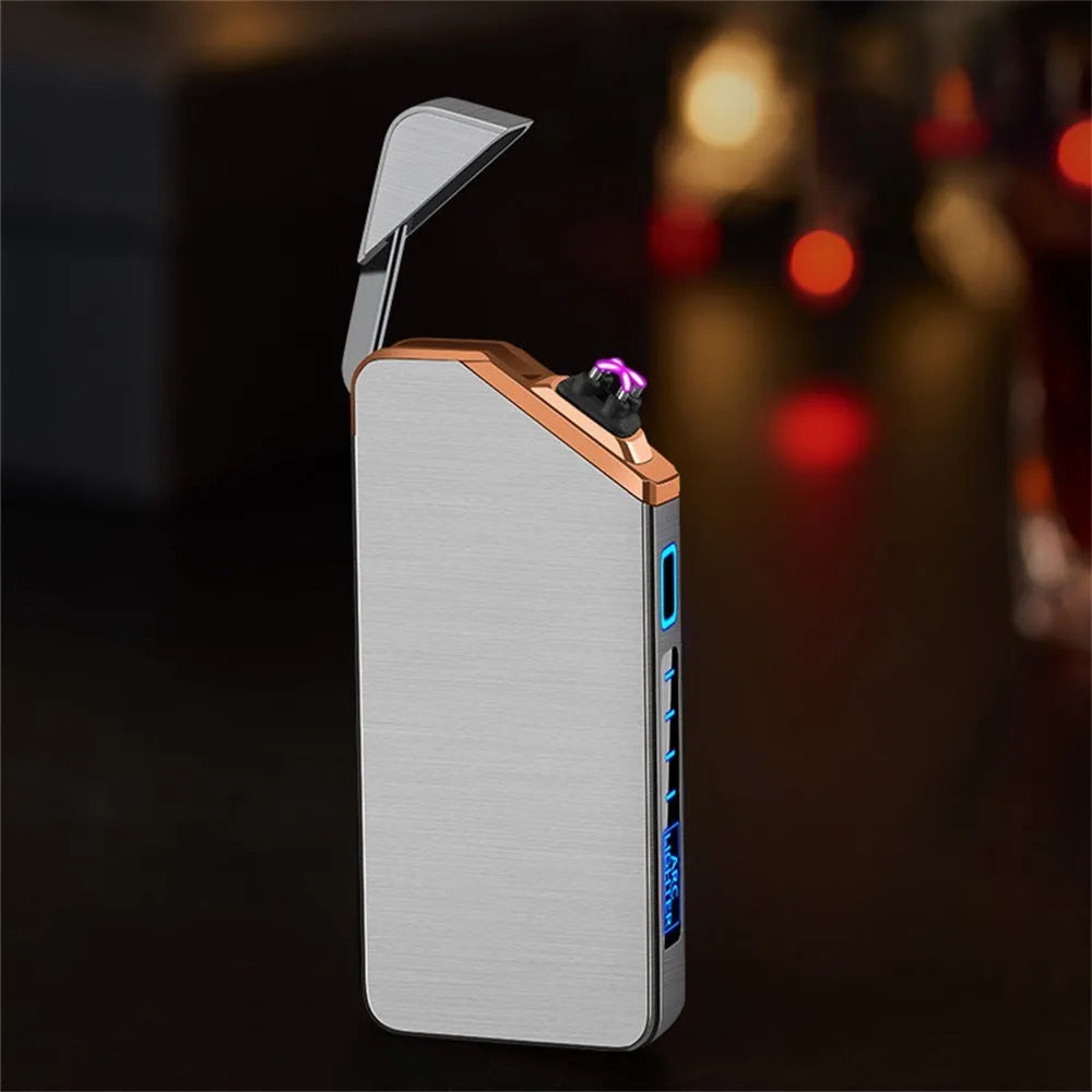 Creative fashion USB charging double arc lighter in zinc alloy, black colour, compact size 73x35x11mm