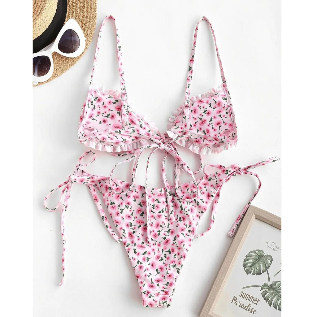 Blue printed women's bikini swimsuit with rope banding, lapel collar and short sleeves