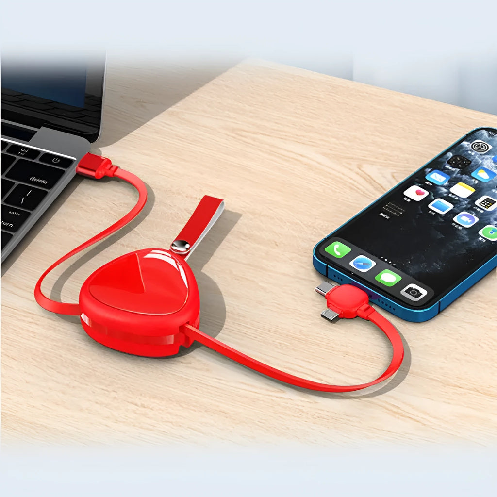 Stretchable three-in-one data cable showing USB, Lightning and Micro USB connectors with extended and retracted positions