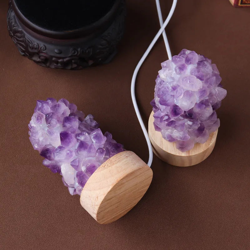 Natural amethyst vug crystal tooth flower mini night light USB plug-in cold warm light options on table