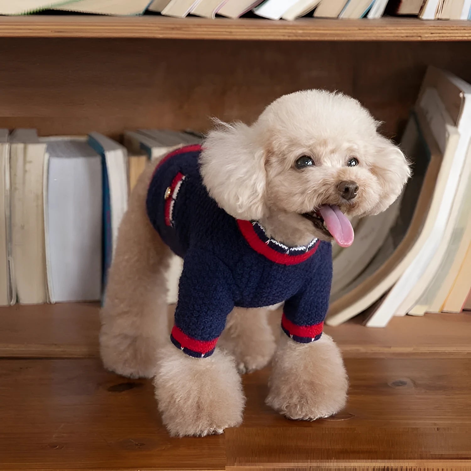 Blue Classic Princess style Wool cardigan sweater for a dog, showing cardigan opening and soft knit.