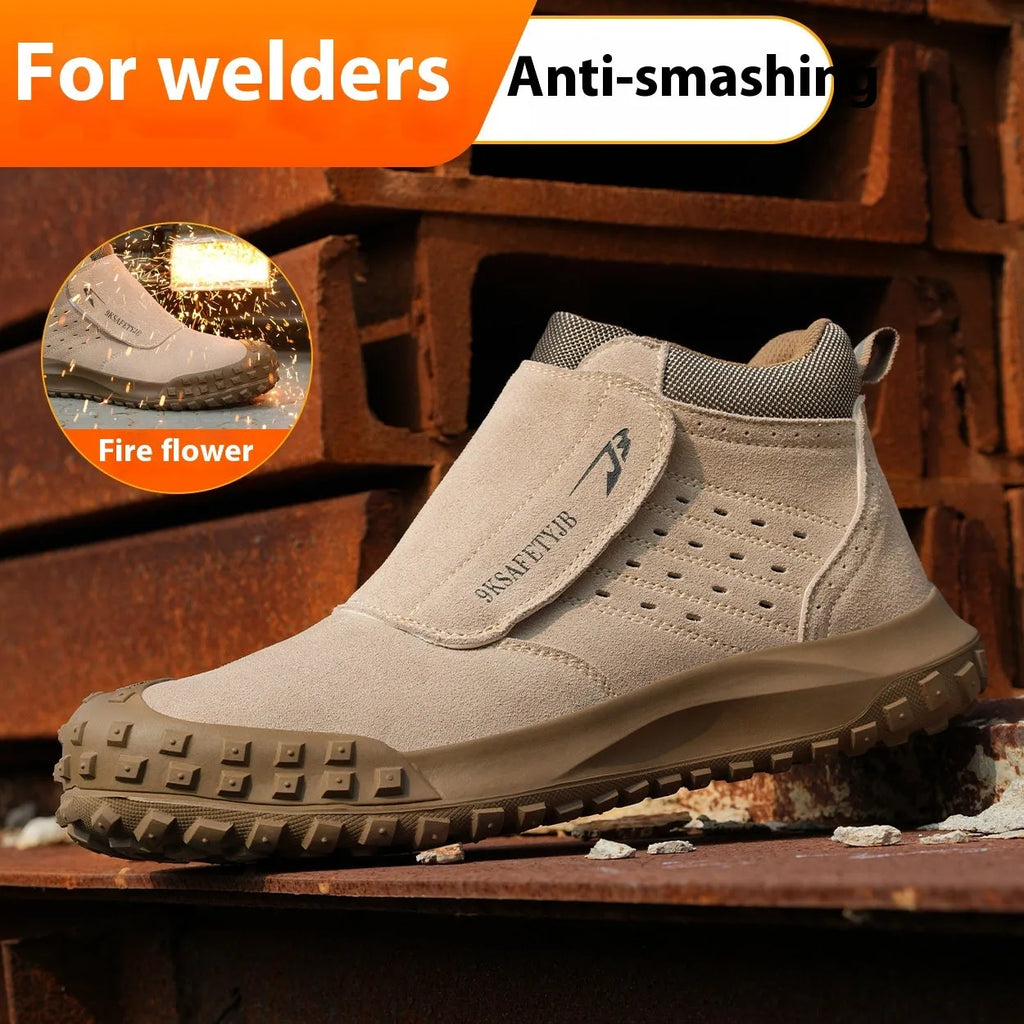 Steel toe cap welder protection shoes in sand colour with lace-up front and rubber sole.