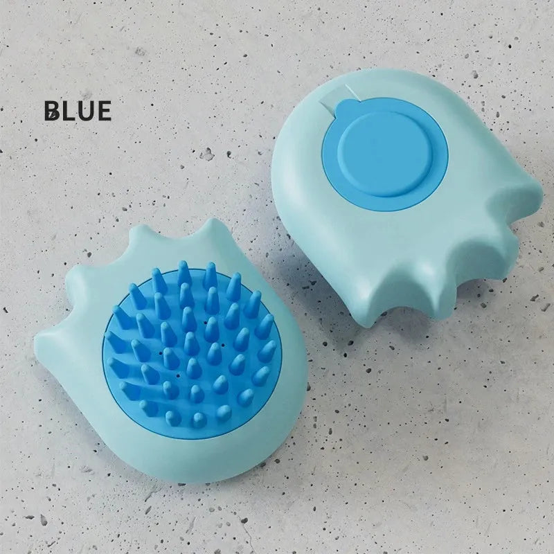 Blue pet bath brush with shampoo box attachment for washing cats and dogs