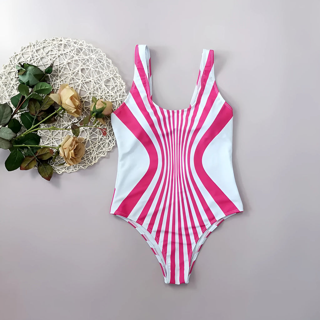 Pink striped one-piece swimsuit for women on a mannequin, showing front and rear digital print detail.