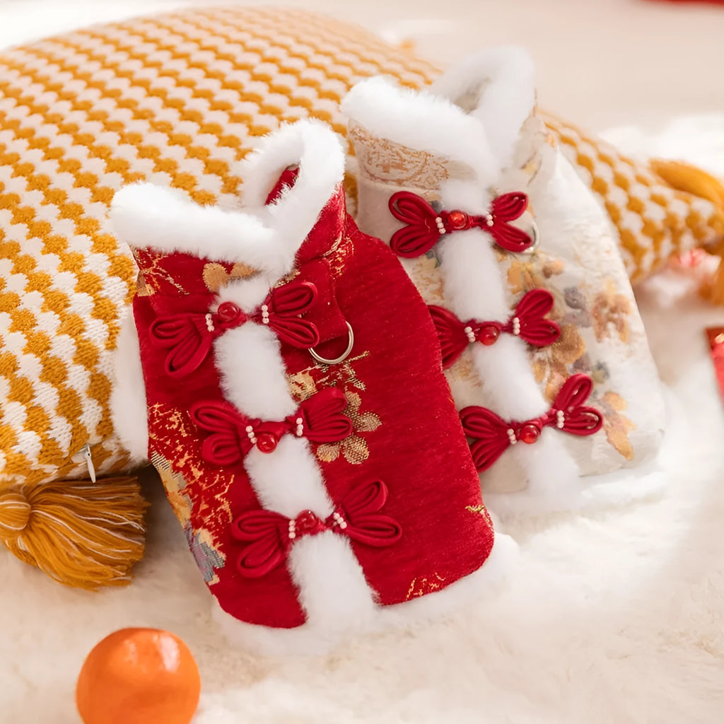 Pet Chinese New Year Tang suit coat with frog knot closure, brocade fabric, and fluffy fur trim on a small dog