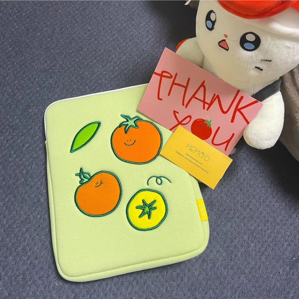 Tomato-coloured cotton cloth tablet inner bag with embroidered tomato design, for 11 inch and 15 to 15.6 inch devices