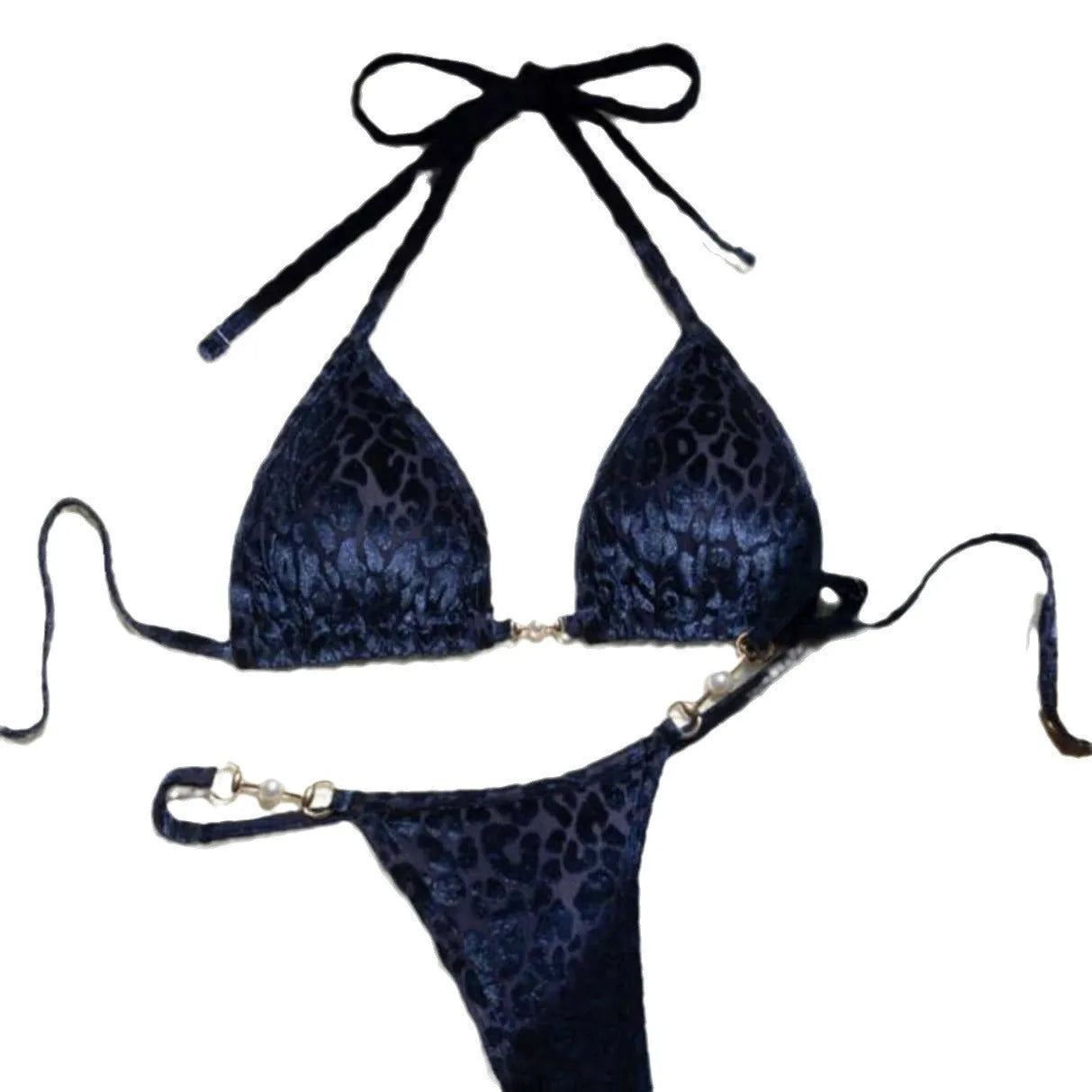 Blue leopard print women's swimsuit bikini set on a mannequin.