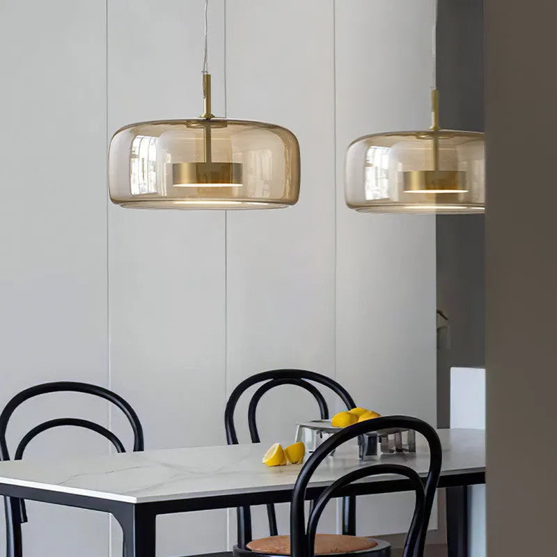 Ceiling glass chandelier with LED warm light in cognac colour for living room bedroom use