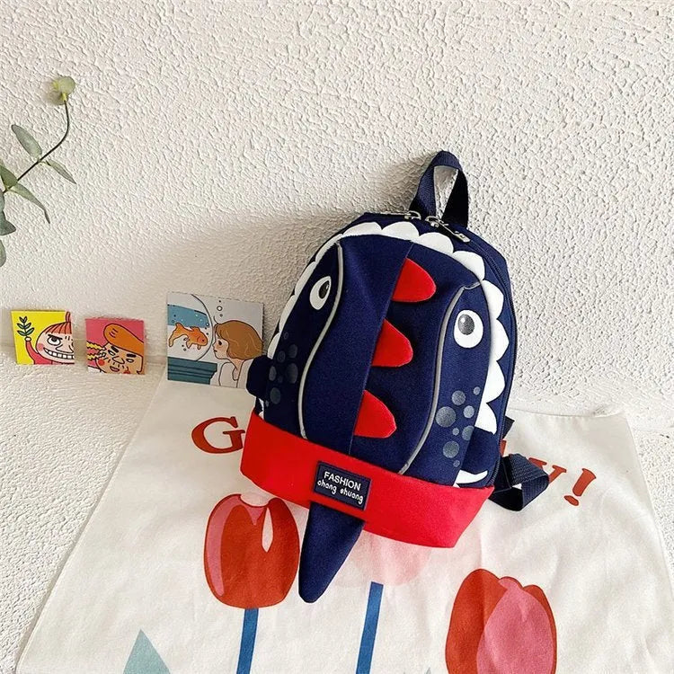 Children's small dinosaur backpack in Oxford cloth, red colour, with zipper and double straps