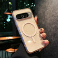 Transparent phone case with starry sky pattern for Google Pixel model, showing magnetic and anti-drop features.