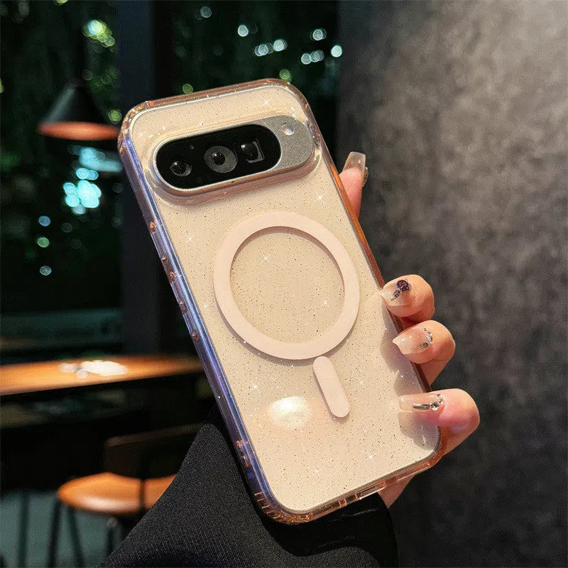 Transparent phone case with starry sky pattern for Google Pixel model, showing magnetic and anti-drop features.