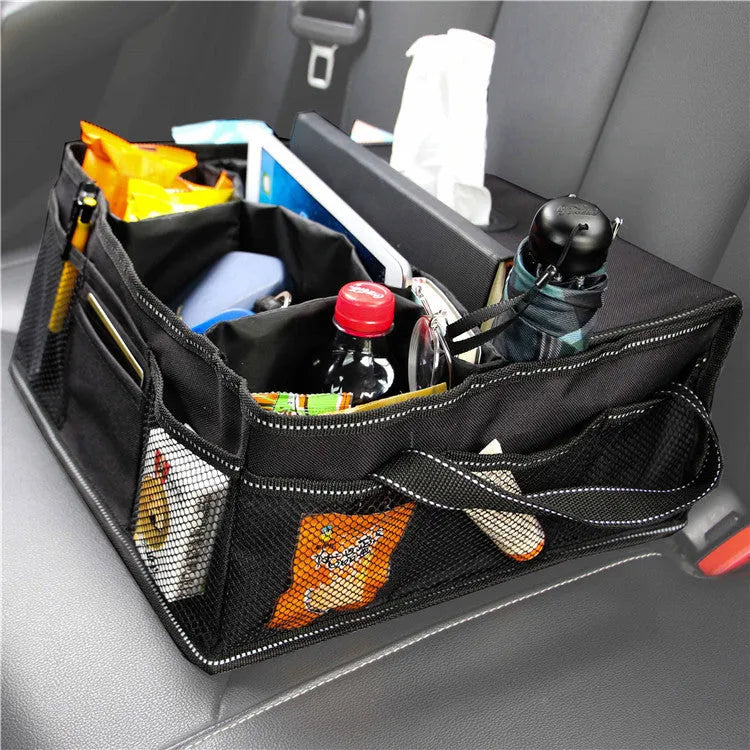 Black Oxford cloth car trunk storage box with reinforced handles and 33x33x16cm dimensions
