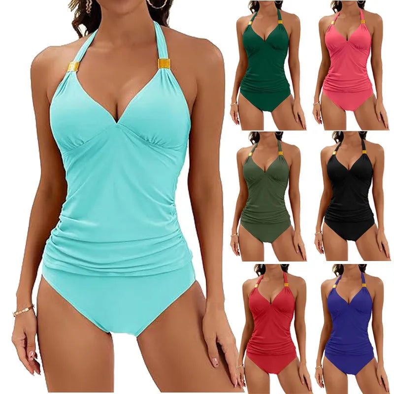 Women's red halter neck two-piece swimsuit with split-tie brief shorts laid flat.