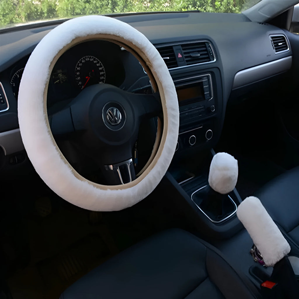 Plush car steering wheel cover set with matching gear shift and handbrake covers in multiple colour options
