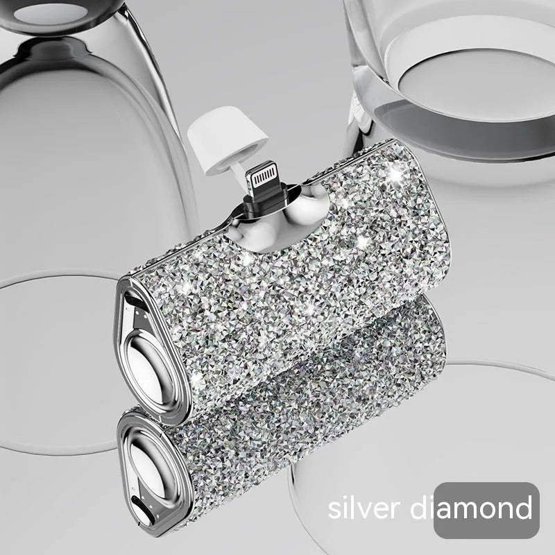 Diamond-embedded capsule emergency power bank 79x49x29mm with plastic shell and diamond decoration