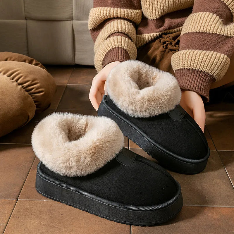 Women's ankle wrap cotton slippers with plush upper, flat heel, available in beige, black, gray, khaki