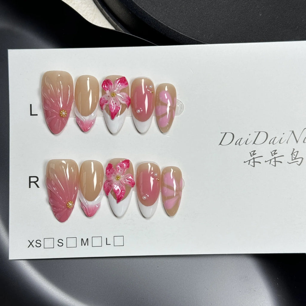 French style 3D fluid ice flower nail art designs on almond-shaped plastic armour pieces