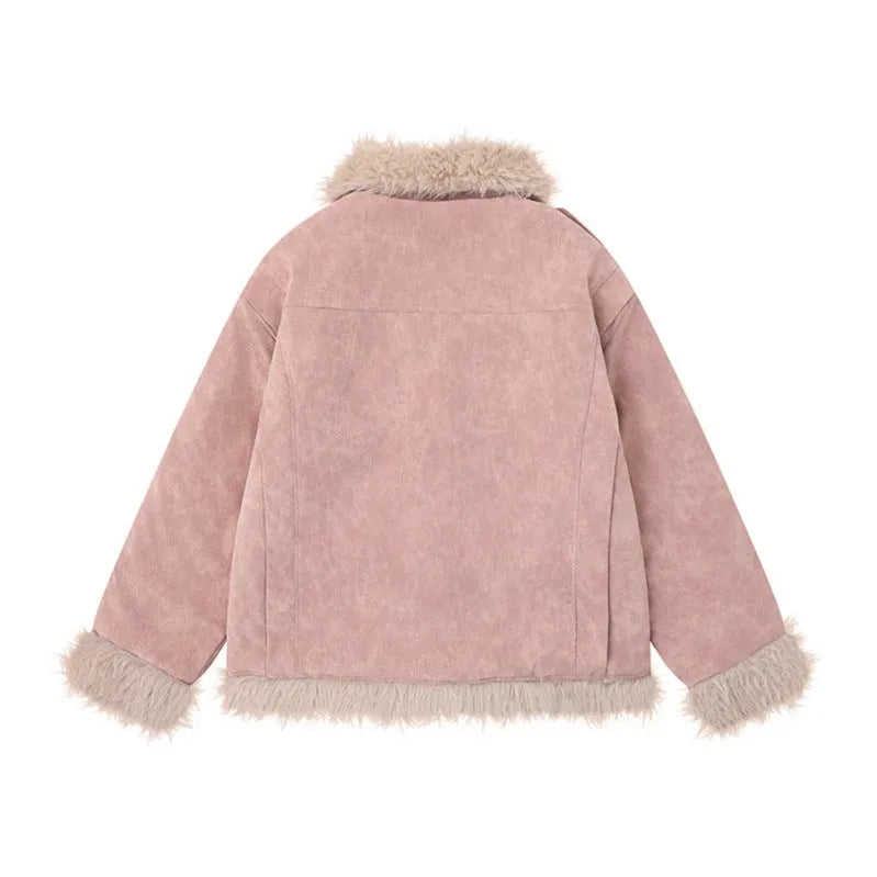 Women's American-style retro lamb wool coat in loose fit, black colour, front view