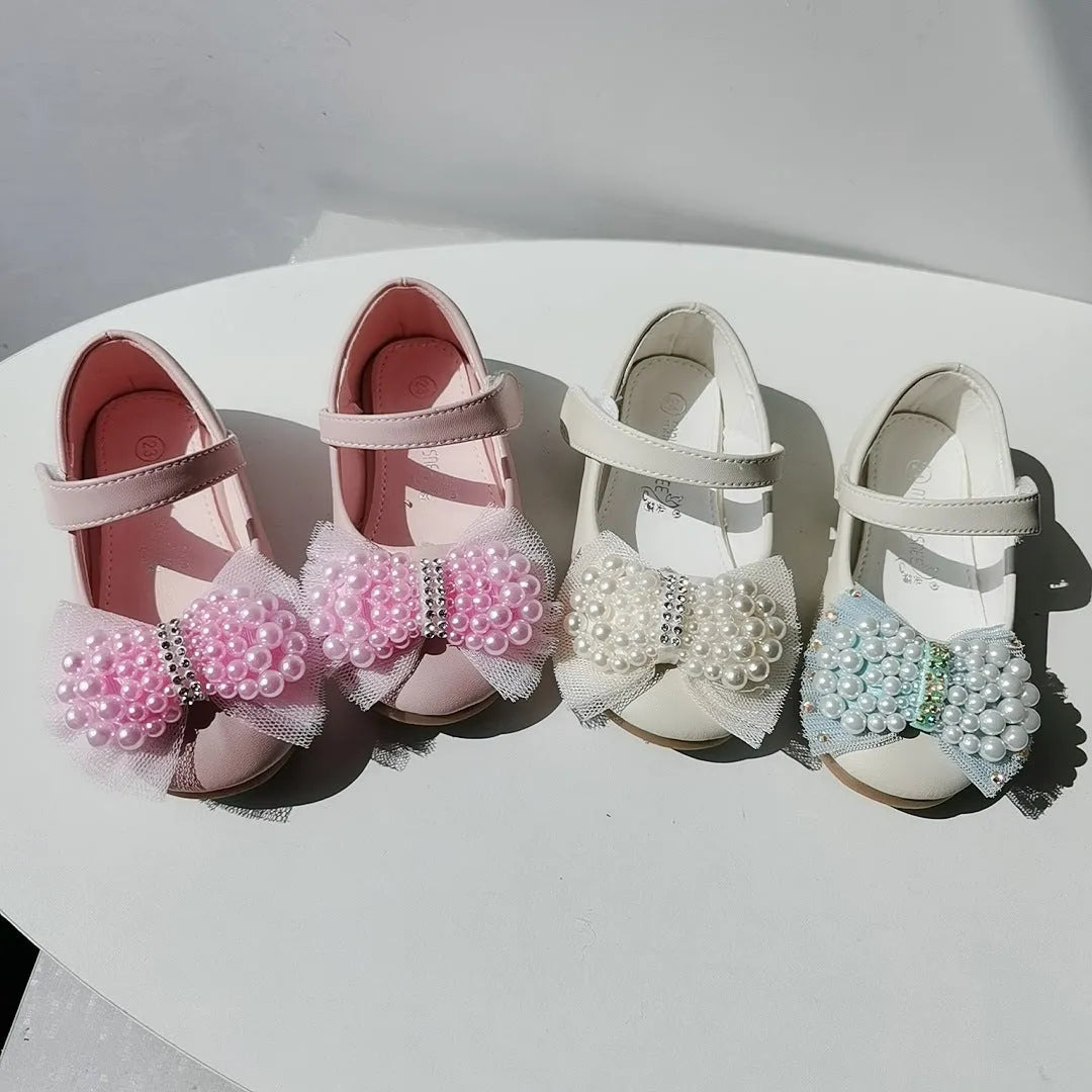 Girls' princess shoes with pearl bow, flat heel, Velcro fastening, PU leather upper, size 19-35