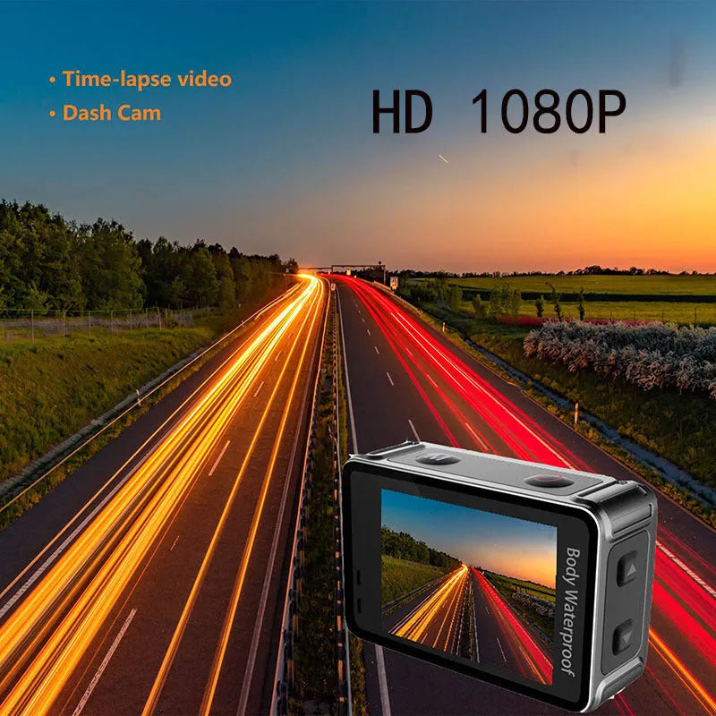 Black outdoor action camera with wide-angle lens, showing compact size and touch screen.