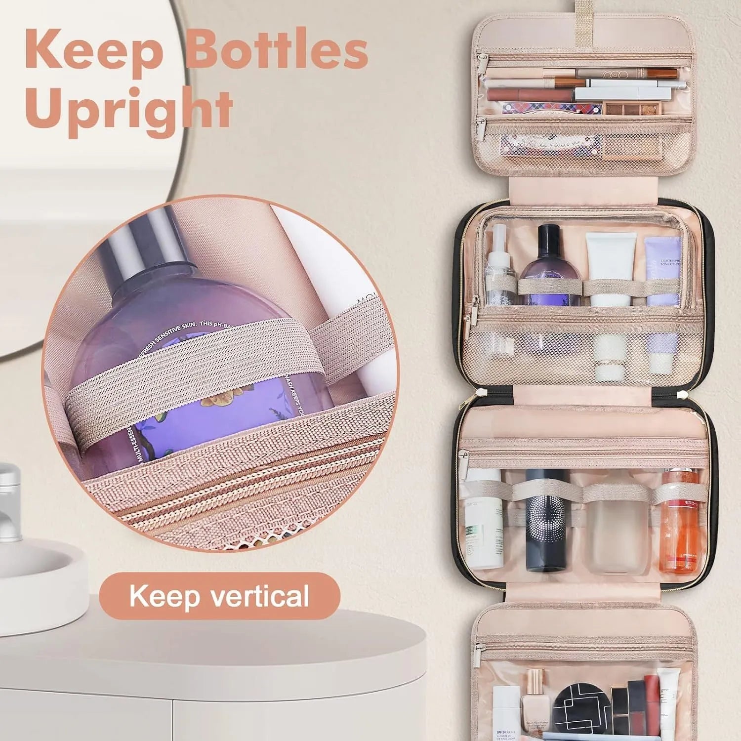 Polyester travel wash bag for cosmetics organisation in multiple colours and sizes