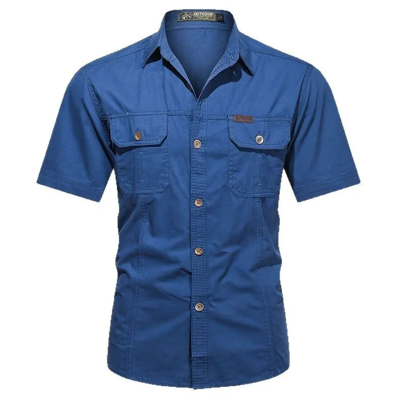 Men's army green short sleeve cotton work shirt with a loose cardigan fit on a hanger.