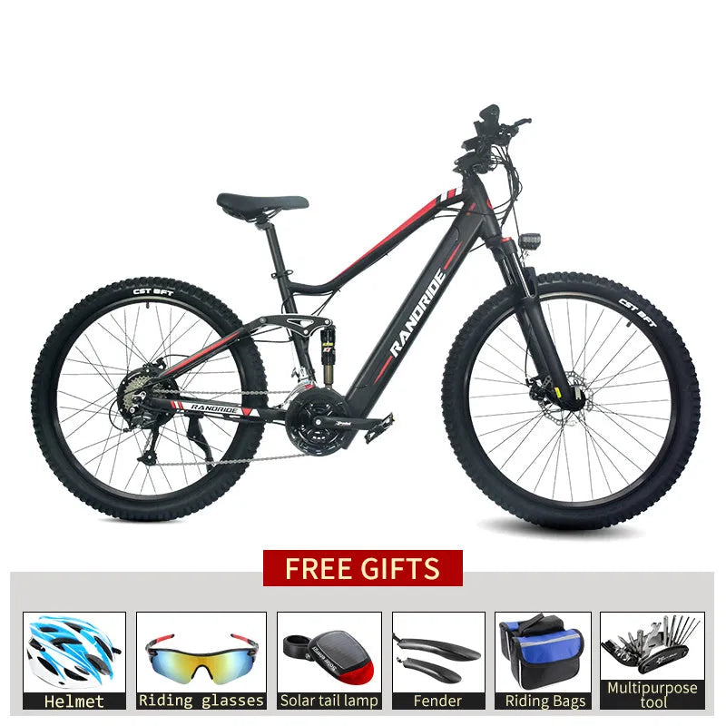 Black red electric mountain bike with full suspension, aluminium alloy frame, 27.5 inch wheels, 750W motor, and hydraulic disc brakes