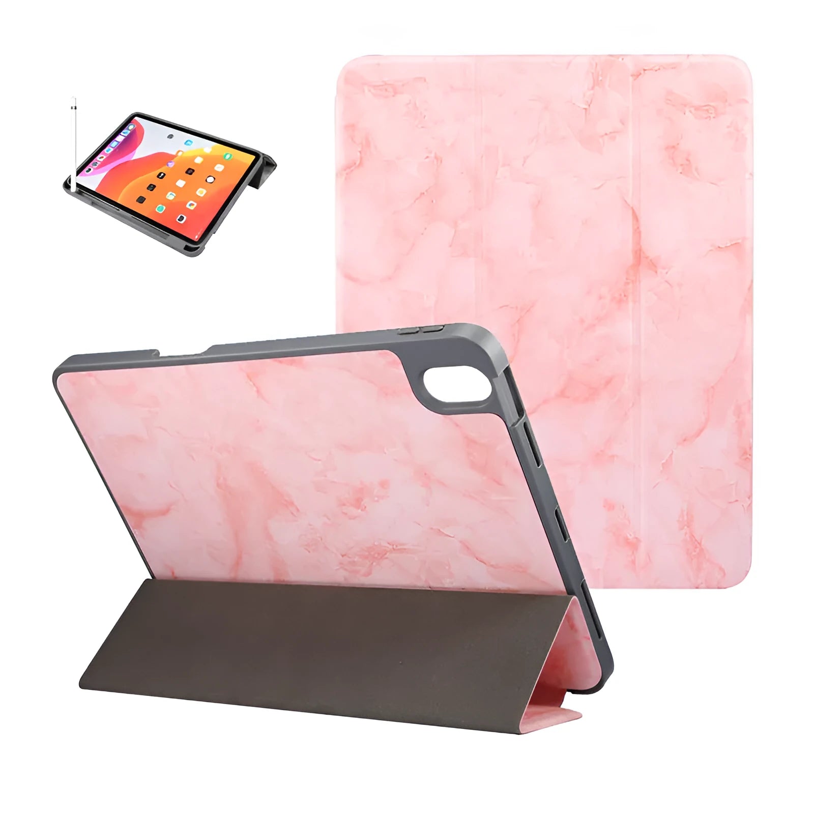 Tri-fold imitation leather iPad case in dark grey with a slot for an Apple Pencil.