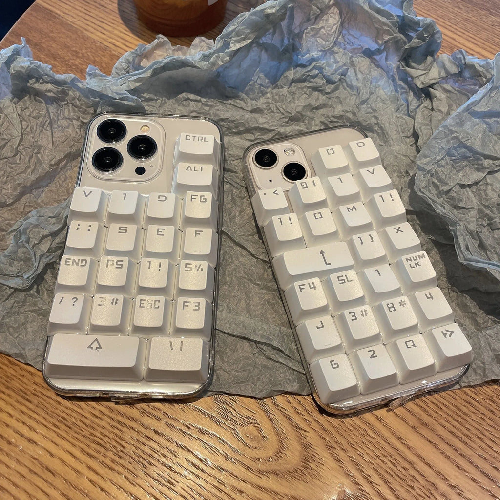 Creative keyboard mobile phone case with dripping glue material in keyboard colour, back cover type for Apple iPhone models.