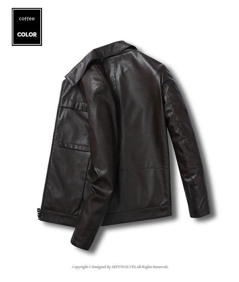 Men's slim lapel artificial leather jacket in black, side pockets, spring autumn outerwear