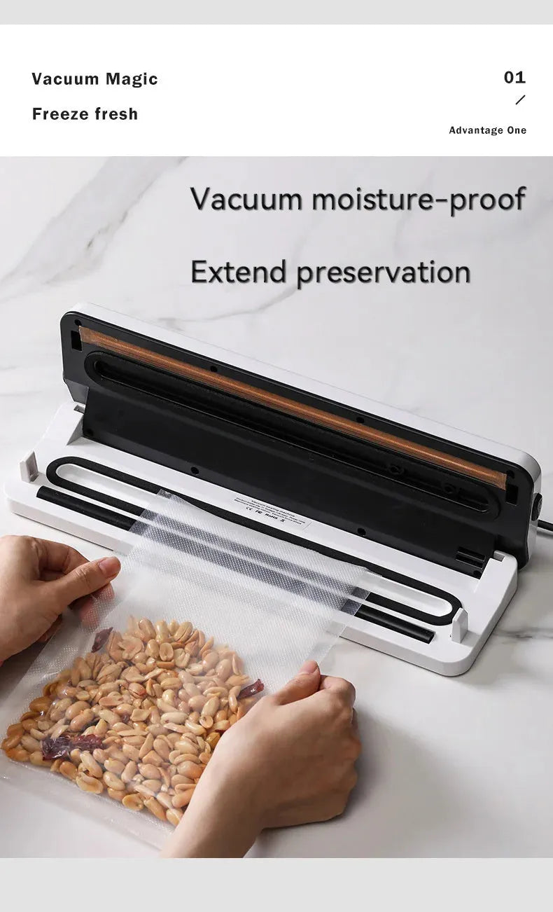White automatic vacuum sealer machine on a kitchen counter