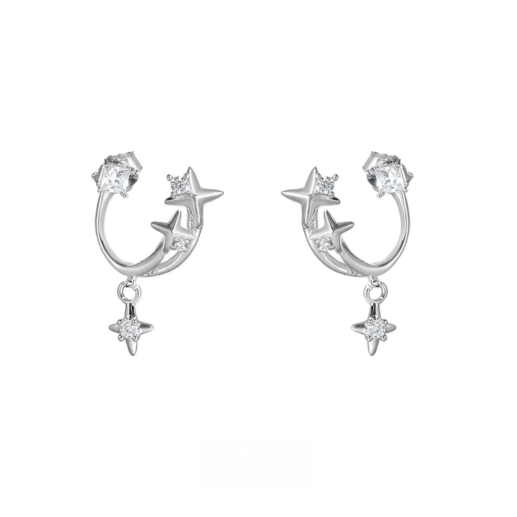 Track zircon ear studs in S925 sterling silver with white gold electroplate finish, star shape design for women
