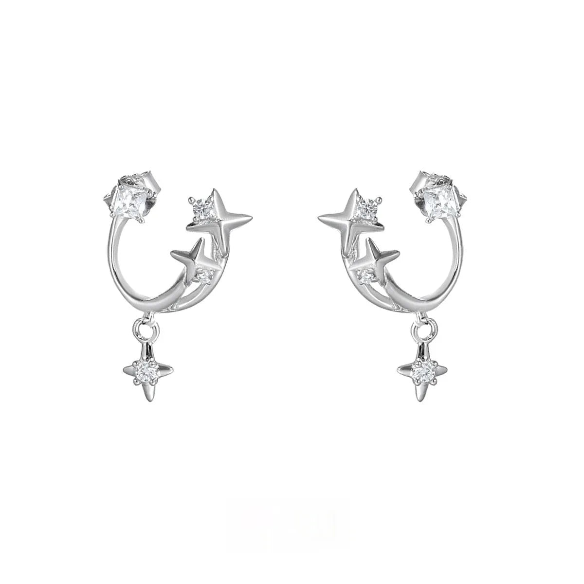 Track zircon ear studs in S925 sterling silver with white gold electroplate finish, star shape design for women