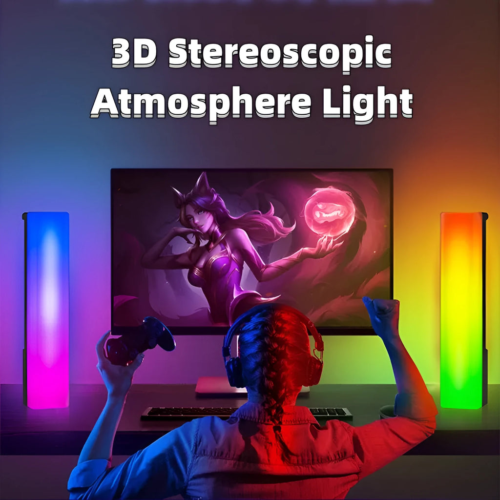 3D RGB desktop ambiance lamp with voice-activated rhythm lighting in black or white shell.