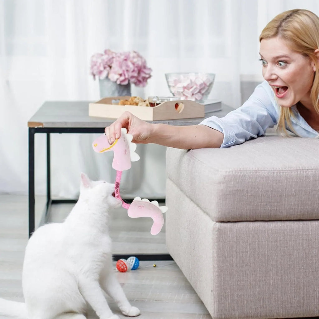4-piece cat toy bundle showing chew rope, plush mouse, fish, and bunny toys in assorted colours