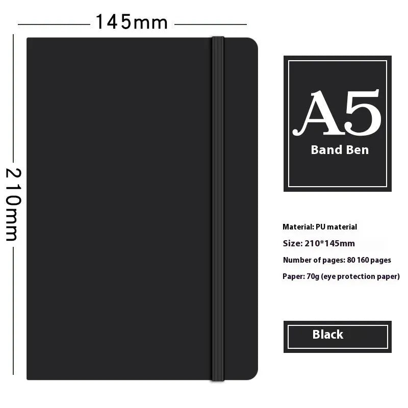 A5 faux leather notebook open with pen insert and strap, 200 pages, blue and black options