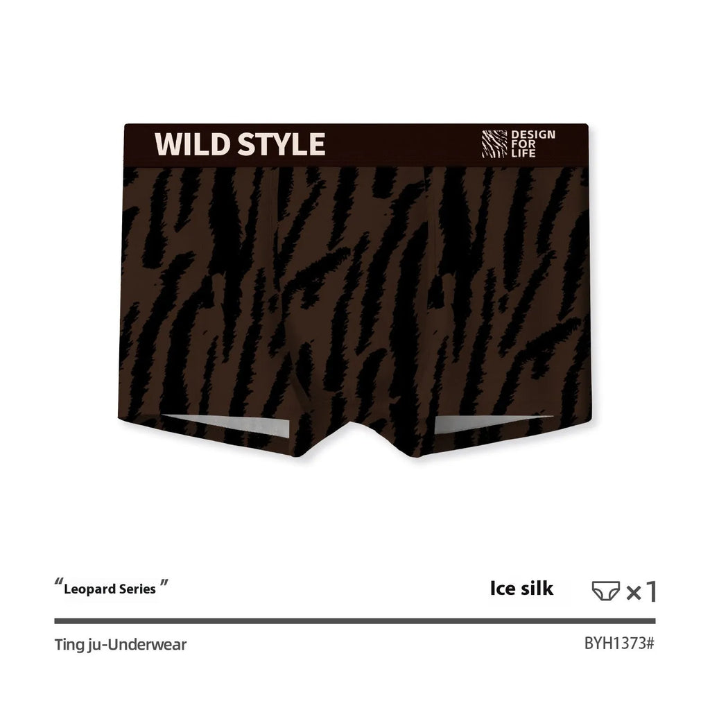 Men's leopard print ice silk underwear in polyester fabric with mid waist design