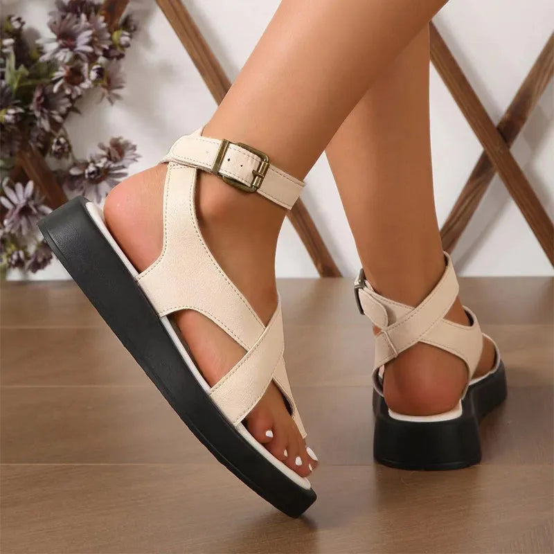 Women's casual thick-soled clip toe sandals with back buckle strap in beige, round toe design