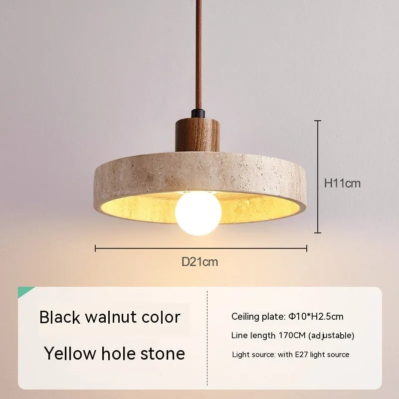 Small yellow cave stone and solid wood pendant light on a bedside table, 21 cm diameter, wood colour option