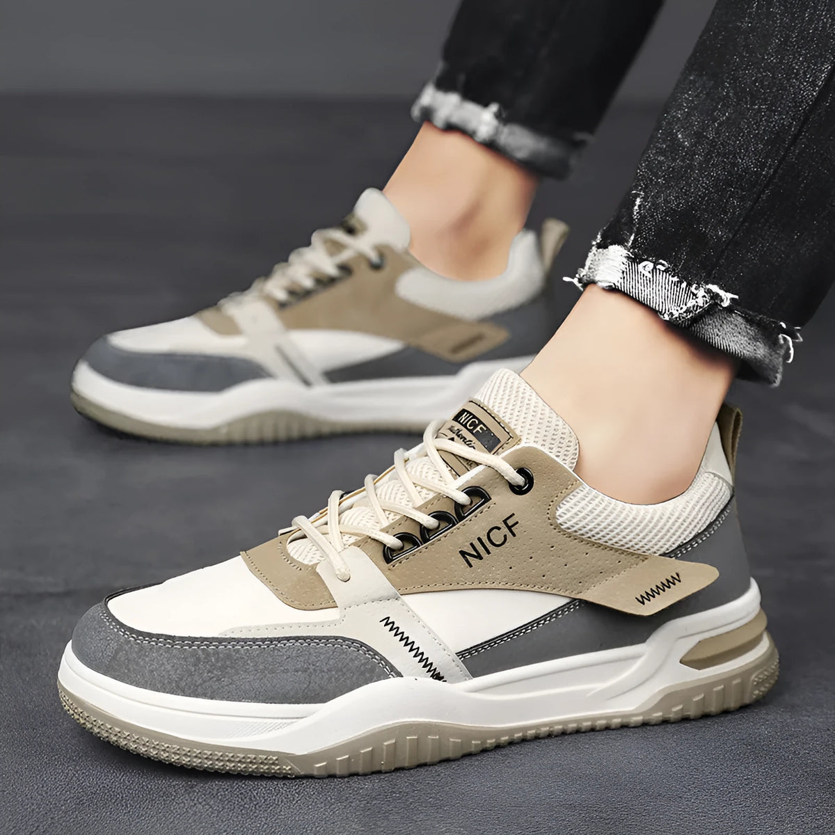Men's casual waterproof non-slip labour protection shoes with PU upper, lace-up closure, and rubber thick sole in beige colour