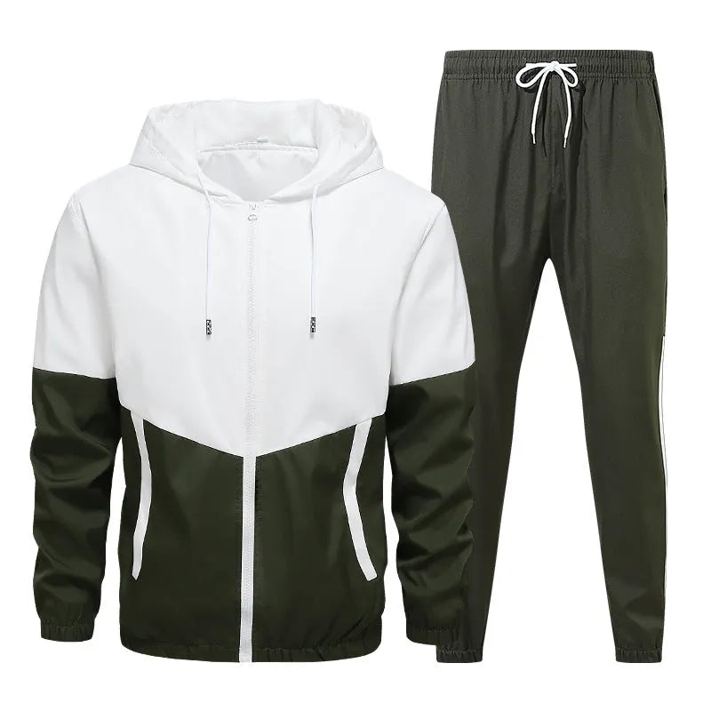 Men's casual sport jacket set in army green with hooded jacket and matching pants, synthetic fibre blend fabric
