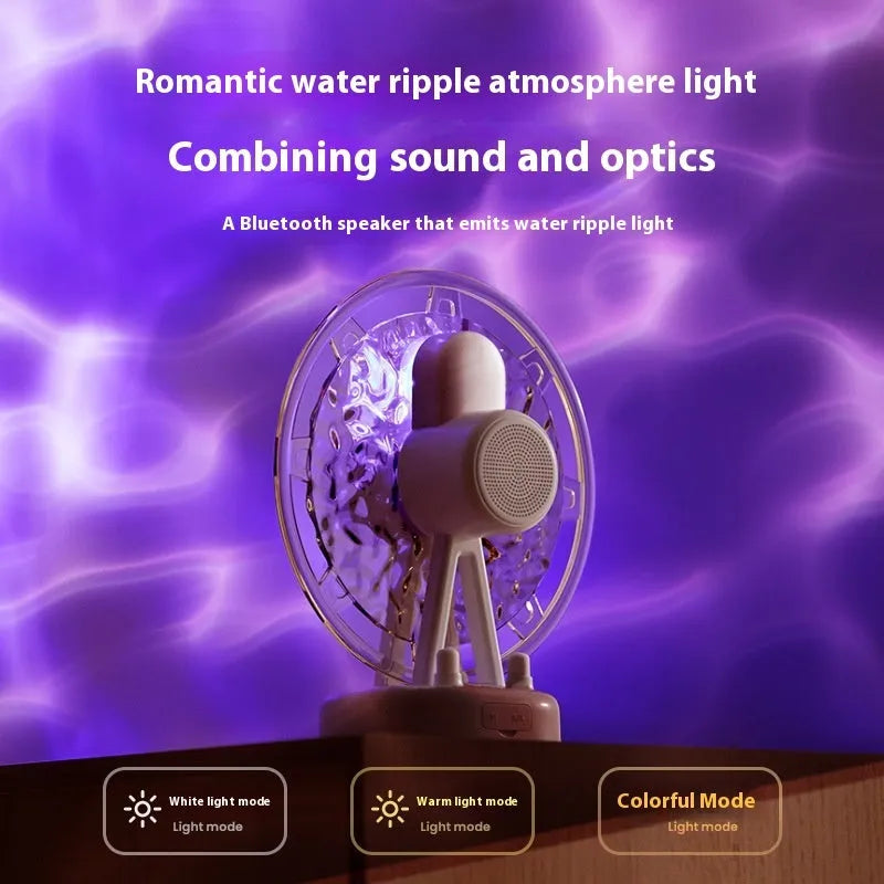 White Ferris wheel Bluetooth speaker with colourful atmospheric lighting effects on display