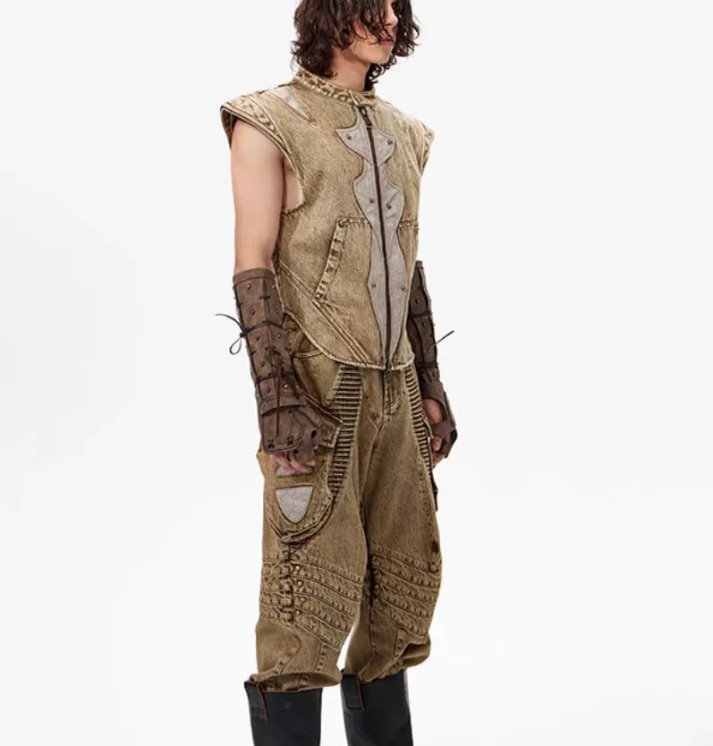 Men's pleated denim vest in cotton fabric, Korean style, shown in available colour.