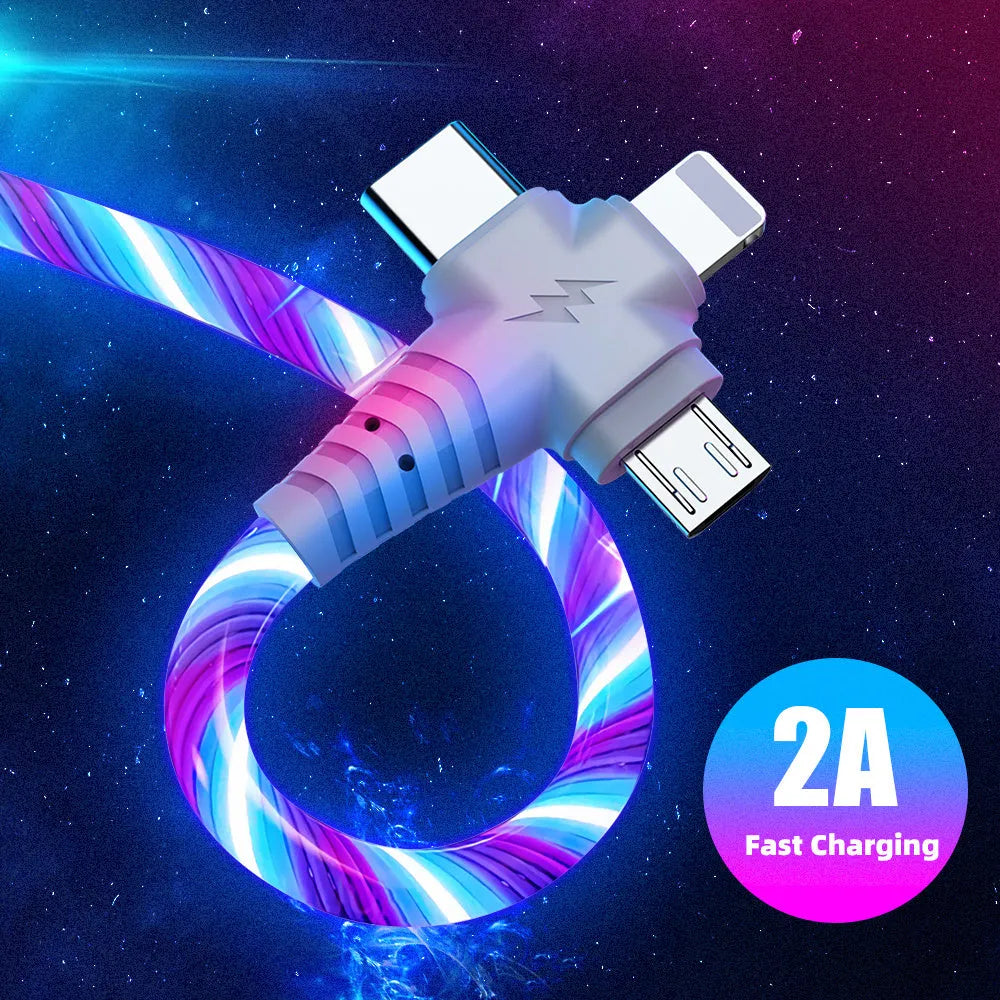 USB A to Type C and Micro USB fast charging cable with luminous streamer and aluminium alloy connectors