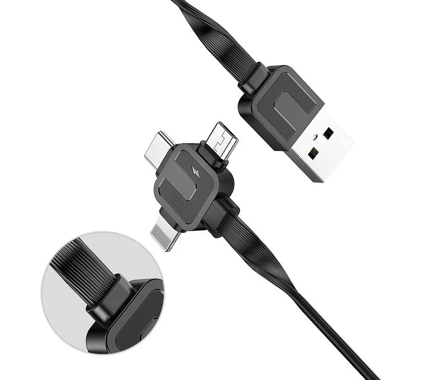 Telescopic three-in-one fast charging data cable extended to 1 metre length with retractable mechanism