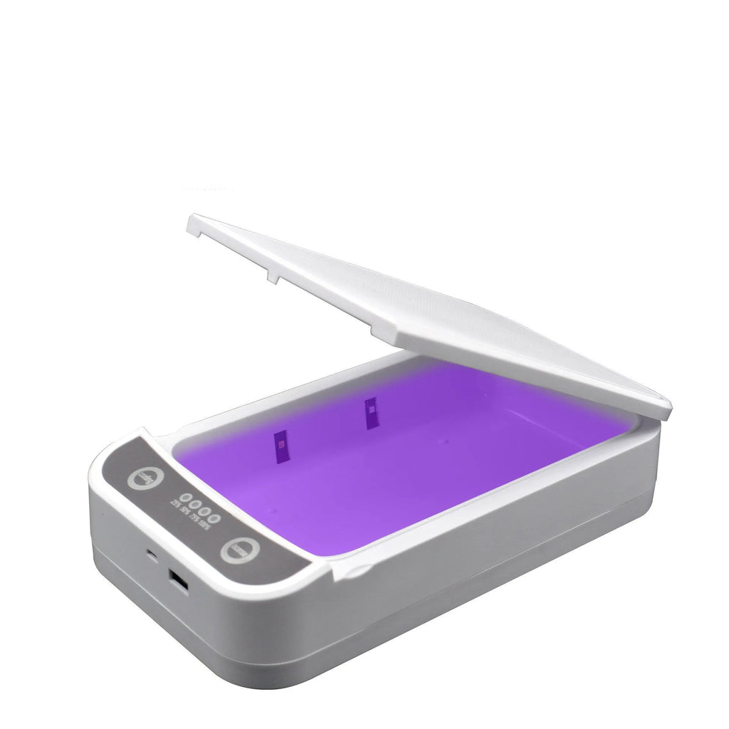 White UV disinfection box for mobile phones with internal light chamber visible