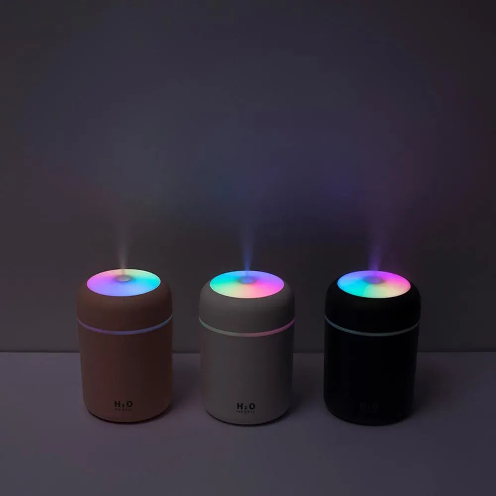 USB desktop humidifier with colourful lights in pink, white, or navy blue colour options