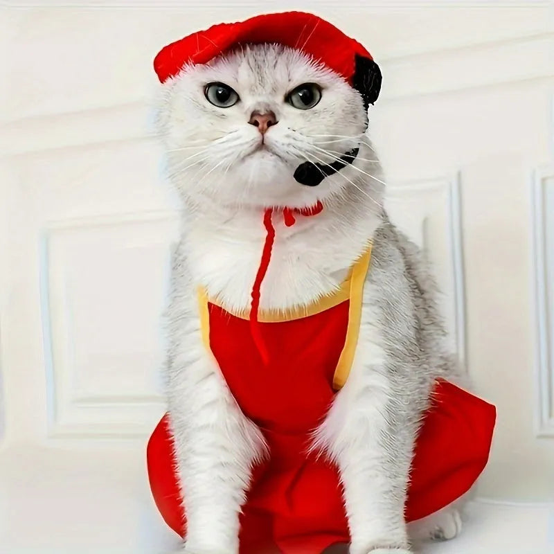 Handmade cat chef hat and cotton knitted sweater set for small to medium pets